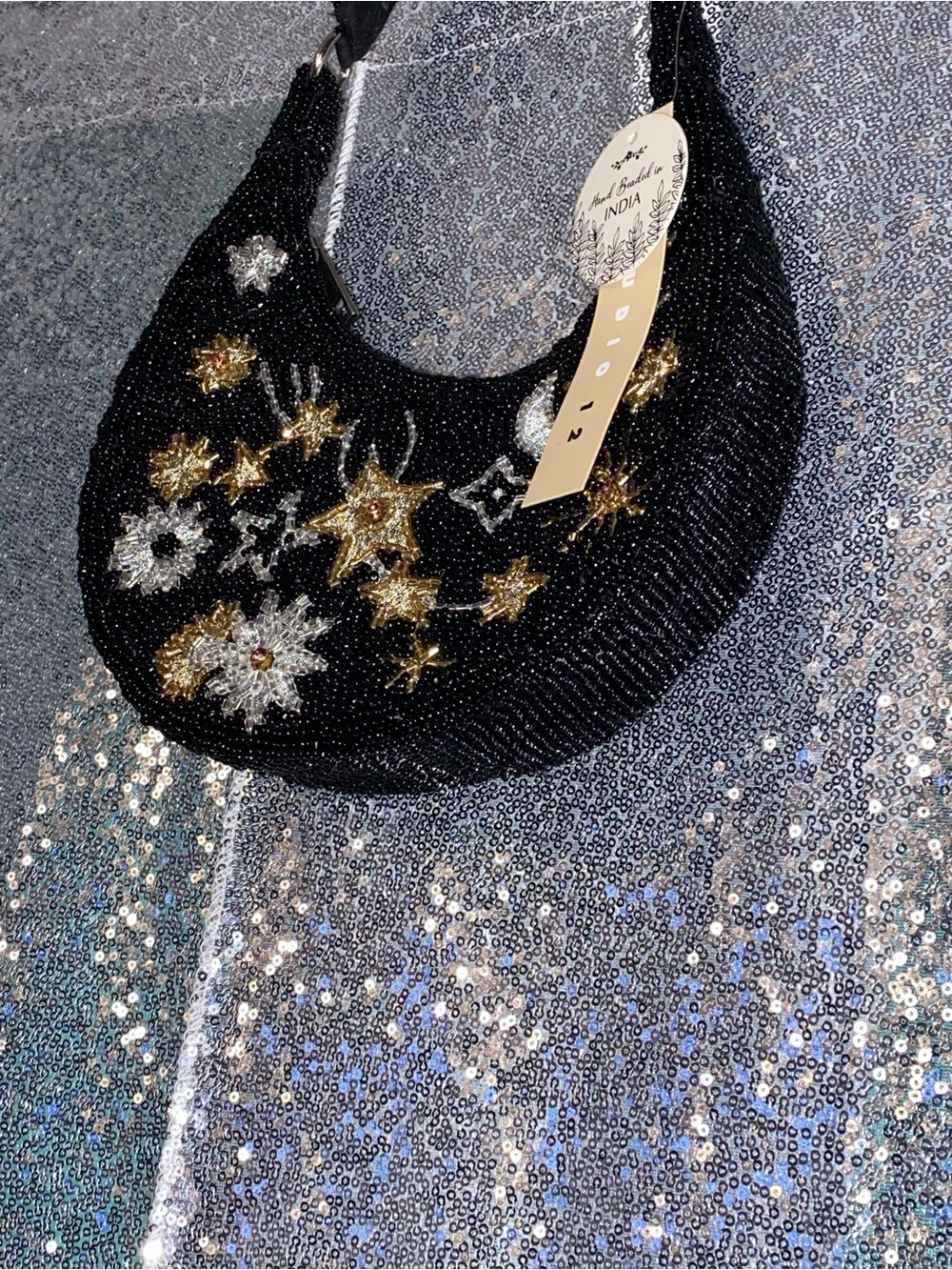 Studio 12 Celestial Hand Beaded Moon Stars Crescent Bag NWT Black Viral Find - Picture 5 of 14